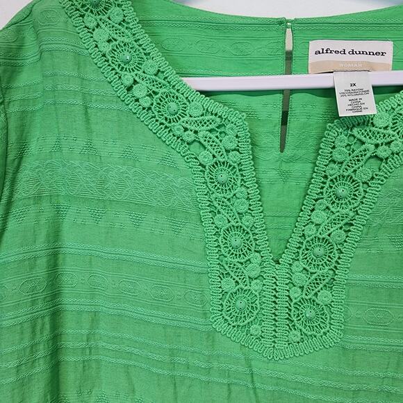 Alfred Dunner Tropic Zone Lace Trim Top Size 2X Green 3/4 Sleeve Flocked Mature - Picture 7 of 11